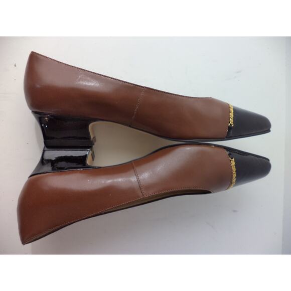 ETIENNE AIGNER TAMMY BROWN SMOOTH & BLACK PATENT LEATHER LOW HEEL PUMP SHOE 6.5M - Picture 5 of 7